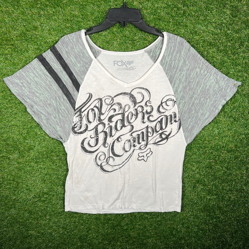 Fox Racing Womens XS Graphic T-Shirt White Grey Dolman Sleeve Riders Co Y2K